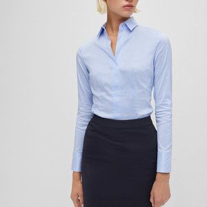 BOSS Slim-Fit Light Blue Blouse in Stretch Cotton-Blend Polin Colar, Size 6